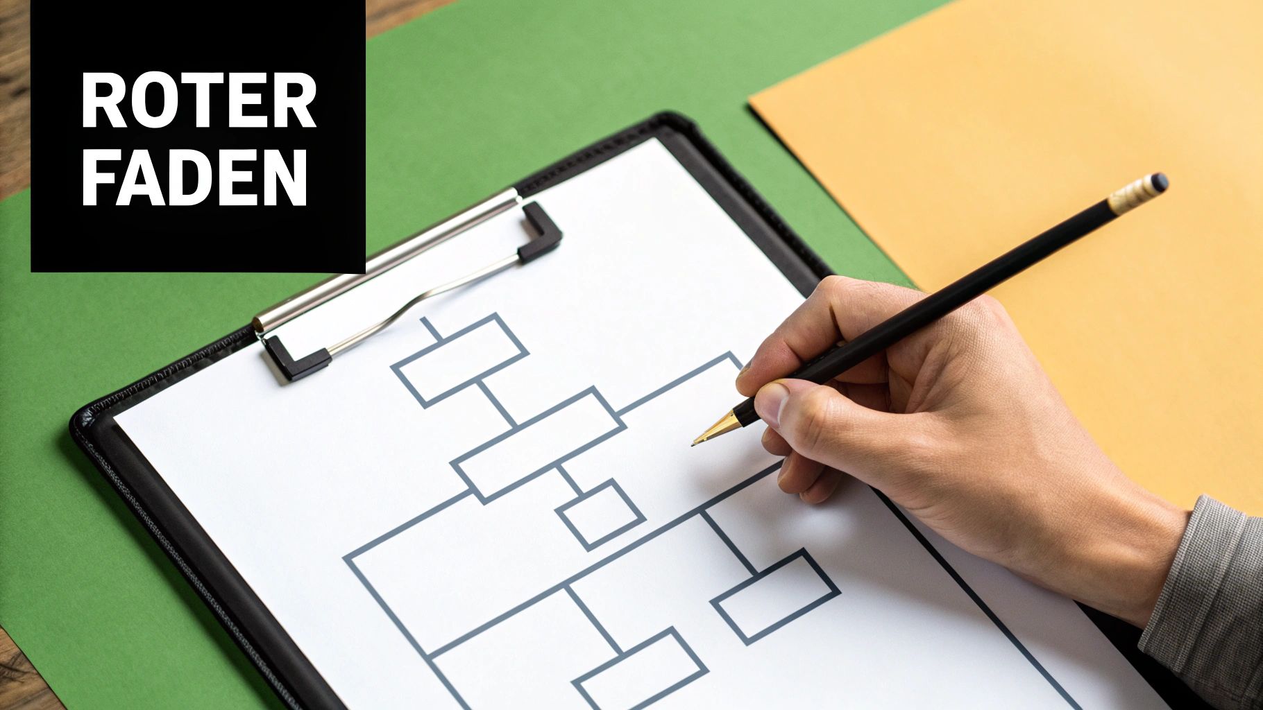 Hand zeichnet ein Organigramm auf einem Klemmbrett, das den 