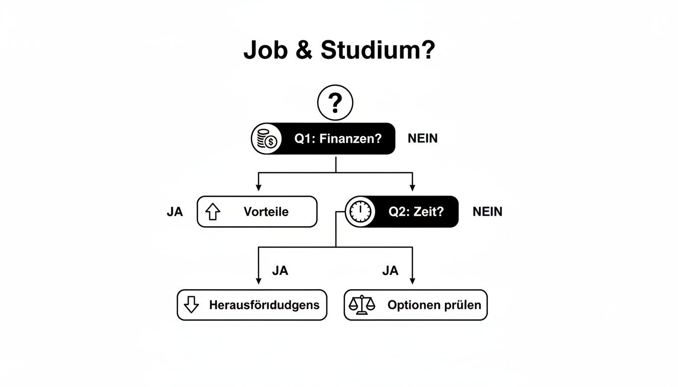 Flussdiagramm zur Entscheidung 'Job & Studium?' mit Fragen zu Finanzen, Zeit und Optionen.