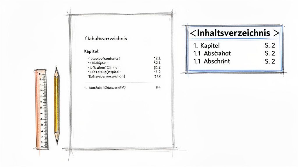 Skizze eines Inhaltsverzeichnisses mit Lineal und Bleistift daneben, zeigt Kapitel und Abschnitte.