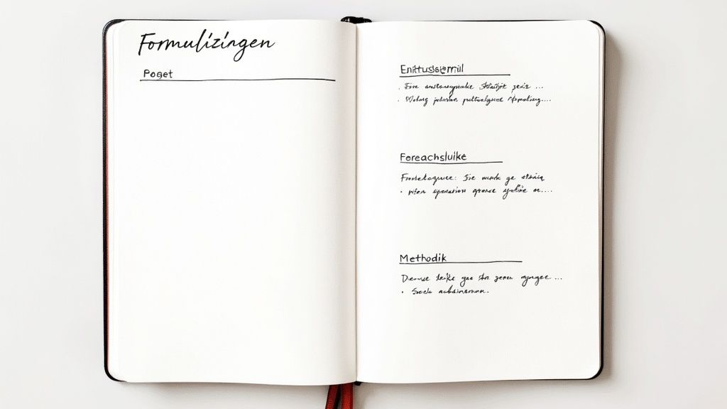 Offenes Notizbuch mit handgeschriebenen Notizen zur Einleitung, Gliederung und Methodik einer wissenschaftlichen Arbeit.