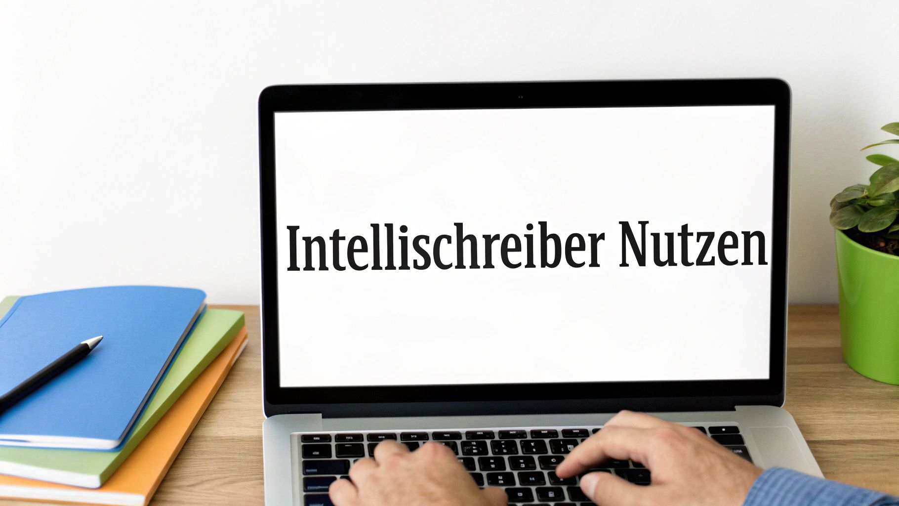 Hände tippen auf Laptop-Tastatur, Bildschirm zeigt 'Intellischreiber Nutzen' in einer Büroumgebung.