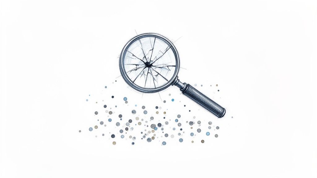 Eine zerbrochene Lupe liegt über bunten Punkten, symbolisierend schwierige Analyse oder Fehlinterpretation.