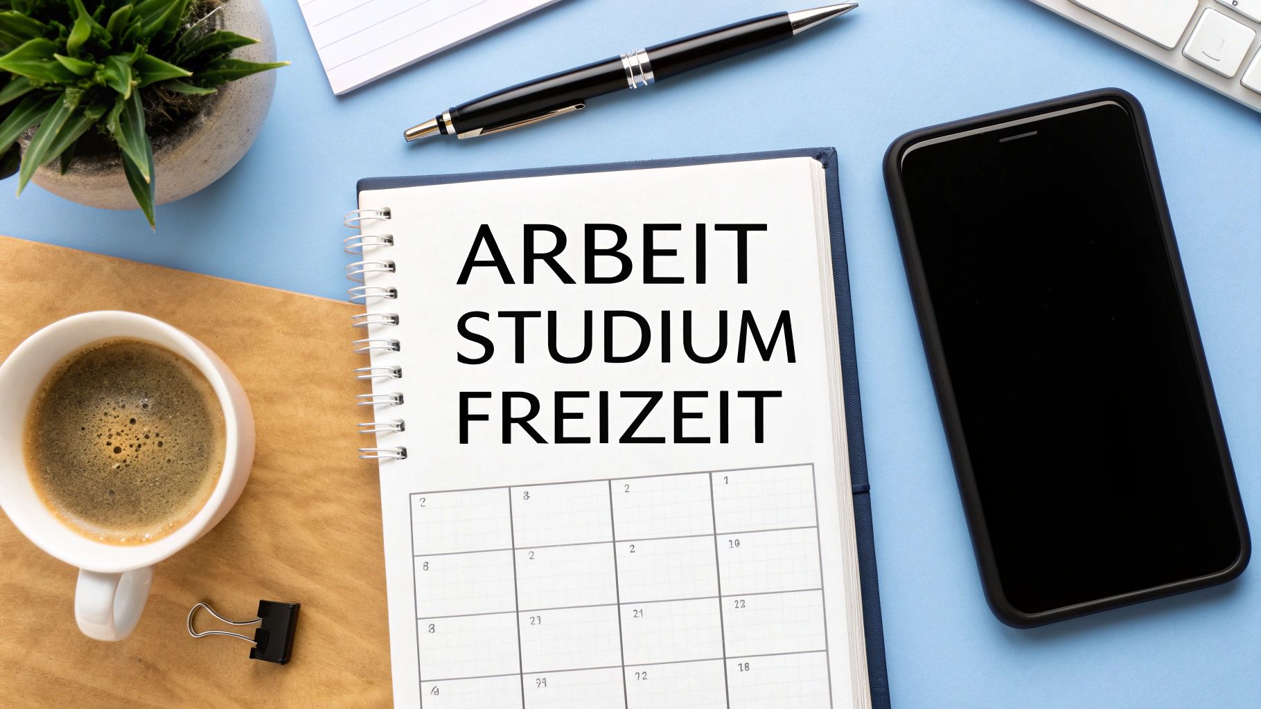 Notizbuch mit den Worten Arbeit, Studium, Freizeit, umgeben von Kaffee, Stift und Smartphone auf blauem Tisch.