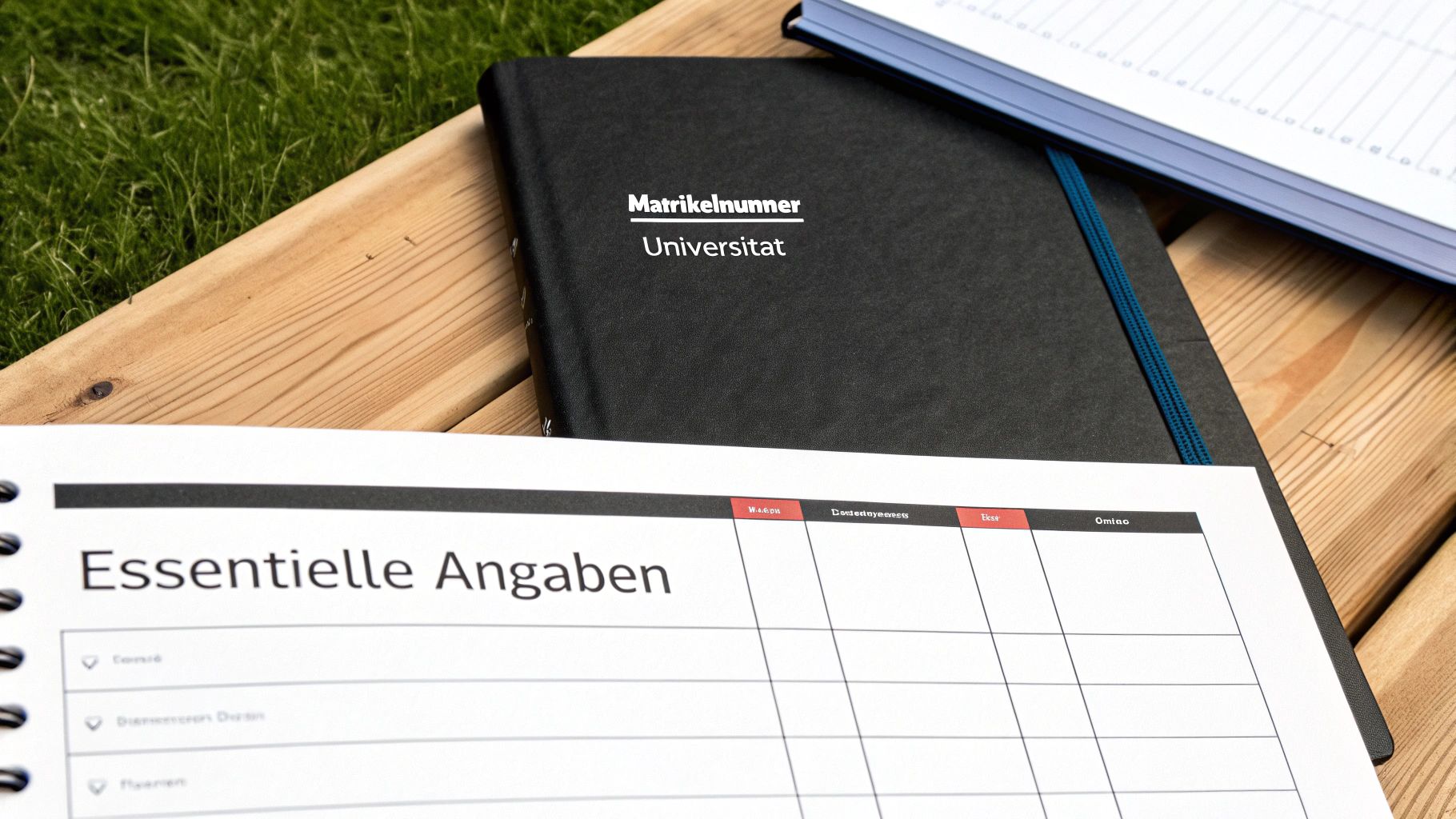Schwarzes Notizbuch mit 'Matrikelnummer Universität' und Arbeitsblätter für wissenschaftliches Arbeiten auf einer Holzbank.