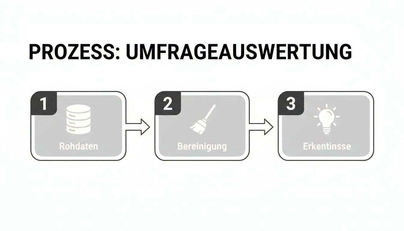 Flussdiagramm zeigt den Prozess der Umfrageauswertung in drei Schritten: Rohdaten, Bereinigung und Erkenntnisse.