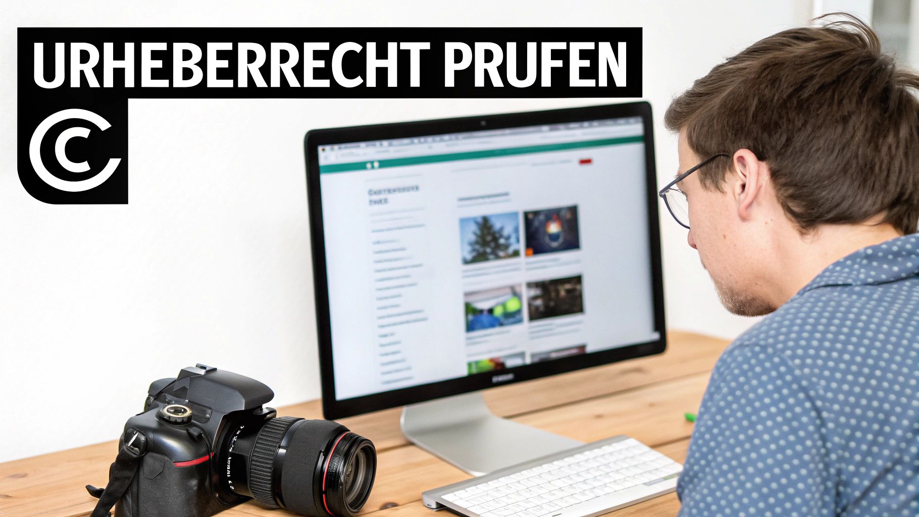 Mann prüft Urheberrecht von Bildern am Computer, daneben liegt eine Kamera. Copyright-Symbol und Text 'URHEBERRECHT PRÜFEN'.