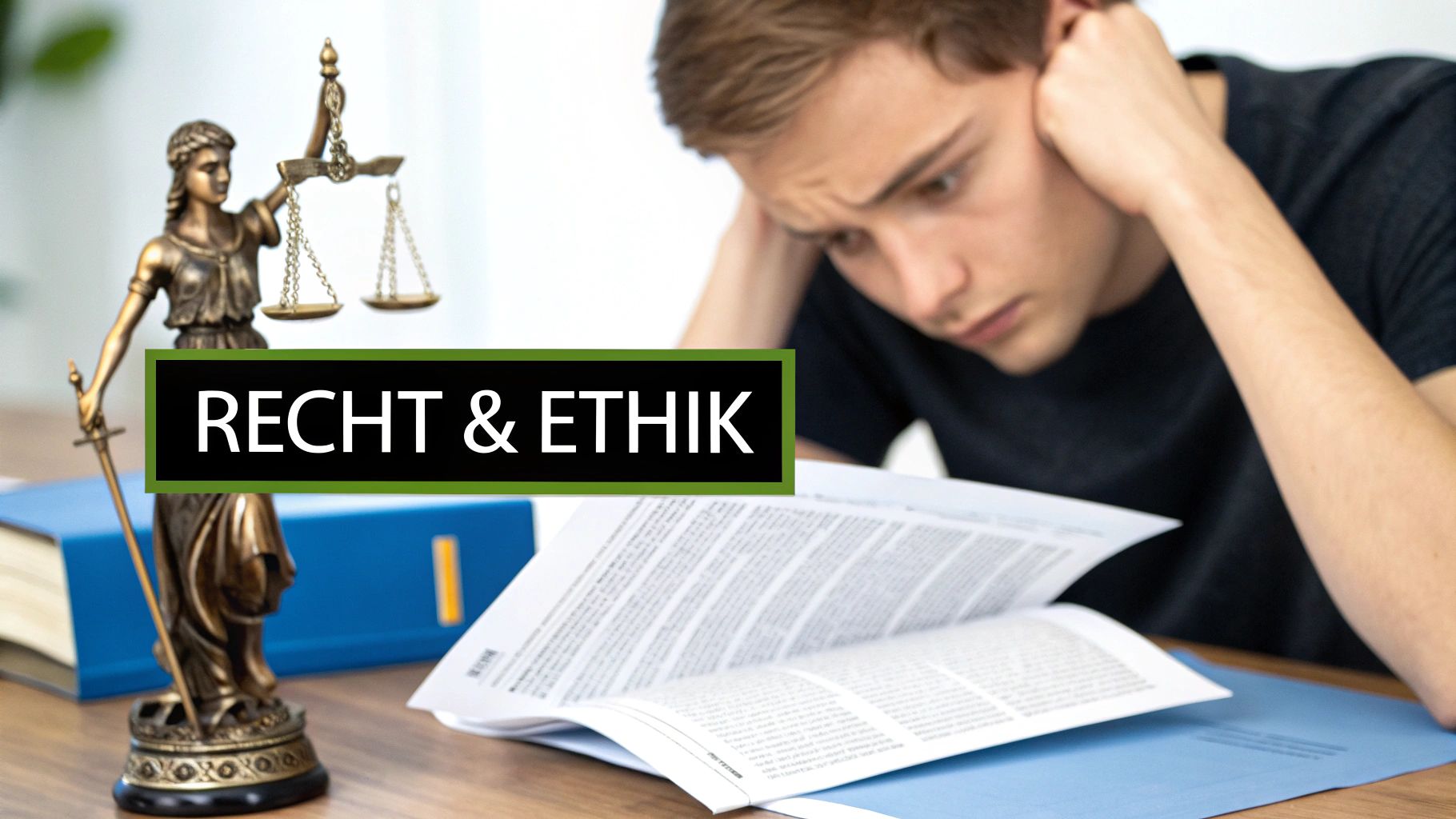 Ein nachdenklicher Student studiert Gesetzestexte, mit einer Justitia-Statue und dem Schriftzug 'RECHT & ETHIK'.
