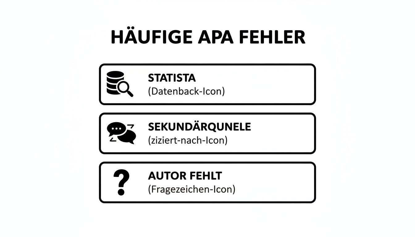 Infografik listet häufige APA Fehler auf, darunter Statista, Sekundärquellen und fehlende Autoren.