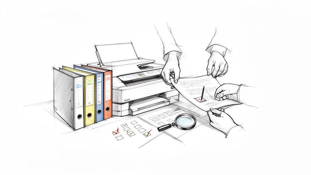 Office-Szene: Hände prüfen Dokumente mit Stift und Lupe, umgeben von Ordnern und einem Drucker.