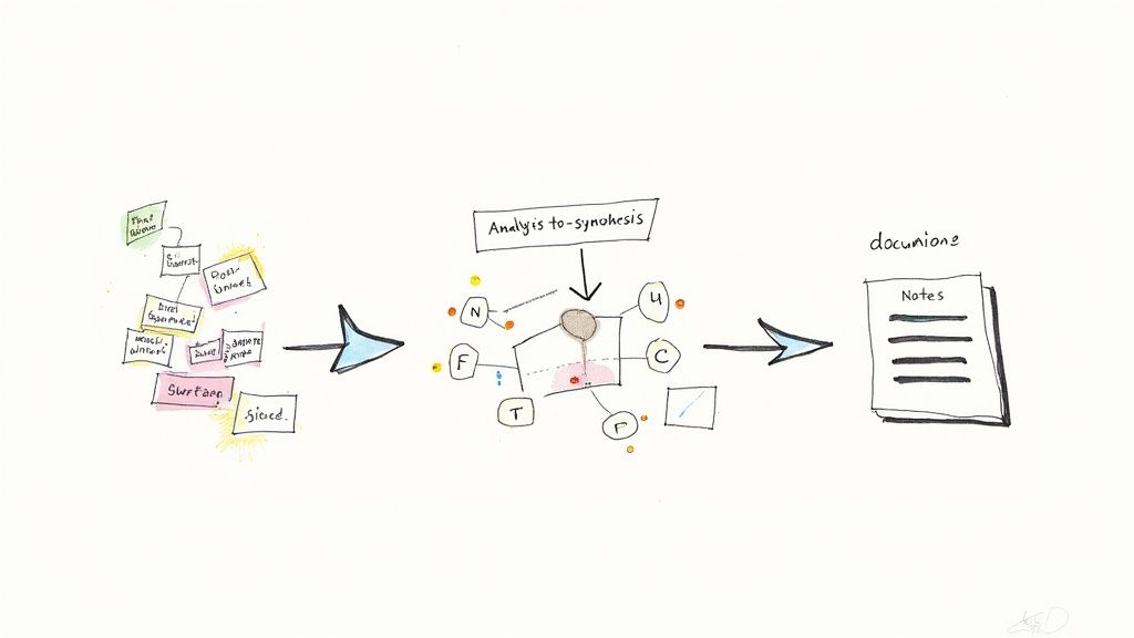 Eine Person analysiert Daten auf einem Bildschirm, was die Synthese von Literaturquellen symbolisiert.