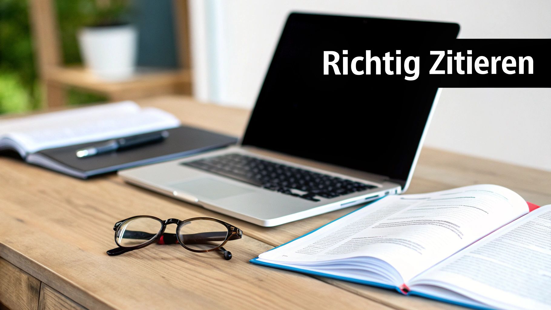 Ein Schreibtisch mit einem Laptop, einem offenen Buch, einer Brille und einem Notizbuch mit Stift. Auf dem Laptop steht „Richtig Zitieren“.