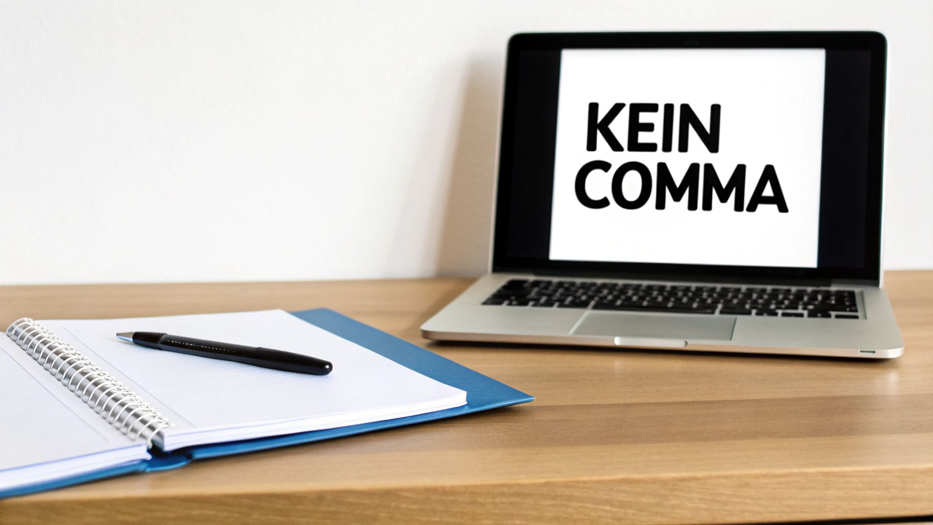 Laptop auf Holzschreibtisch zeigt 'KEIN COMMA', daneben offenes Notizbuch mit Stift. Fokus auf Rechtschreibung.