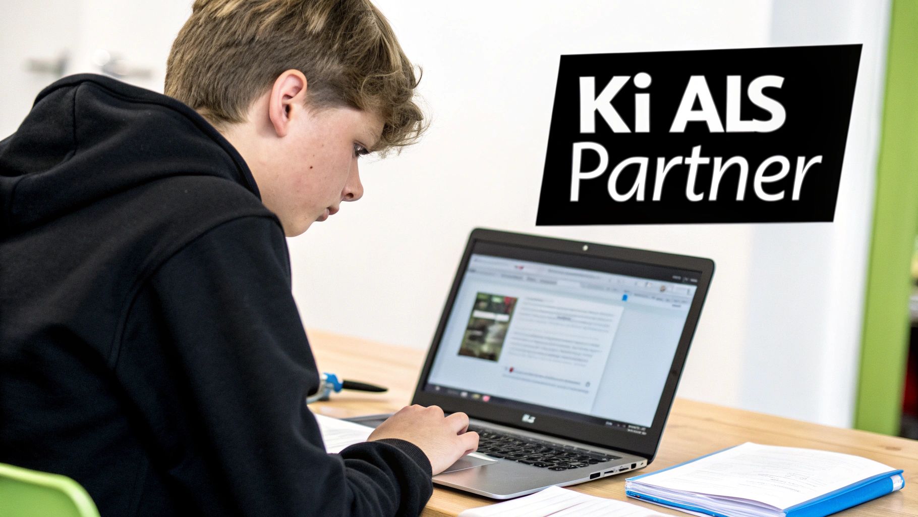 Junger Schüler arbeitet konzentriert an einem Laptop auf einem Holztisch, im Hintergrund ein 'Ki ALS Partner'-Logo.