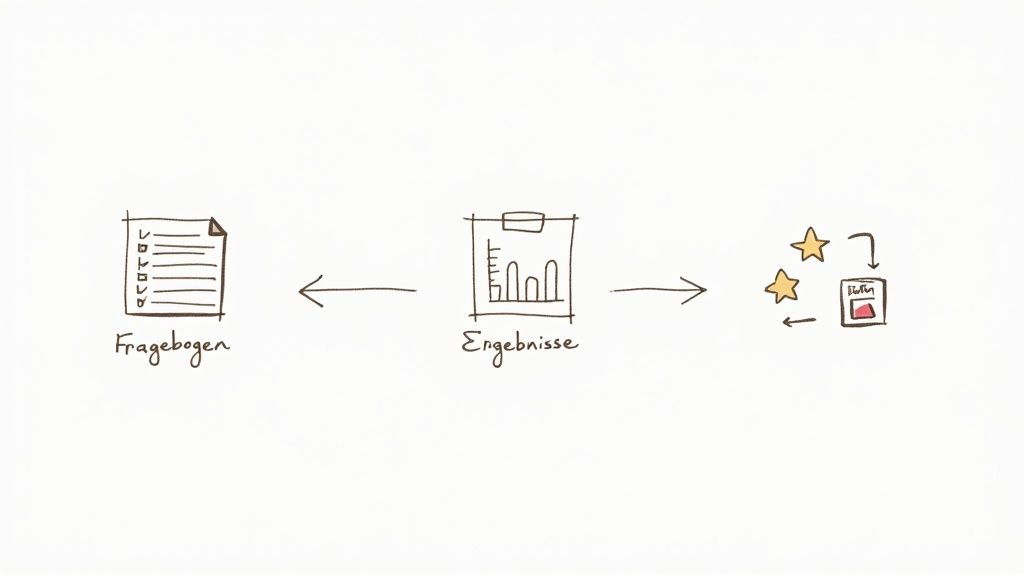 Prozessdarstellung: Von Fragebogen zu Ergebnissen, gefolgt von Feedback, Bewertung und möglicher Iteration. Ein typischer Analyse-Workflow.