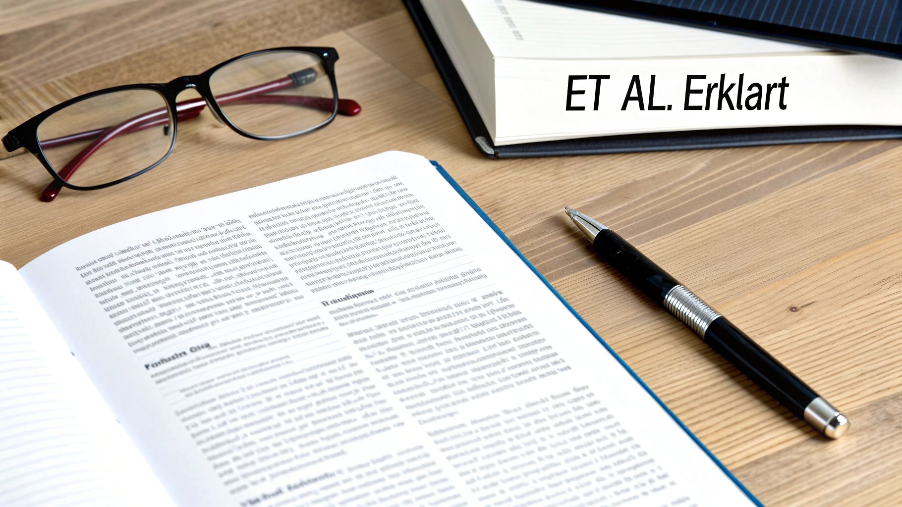 Ein Schreibtisch mit Brille, offenem Buch, Stift und dem Titel