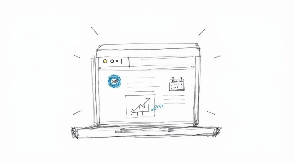 Handgezeichnete Skizze eines Laptop-Bildschirms mit DOI-Symbol, Diagramm und Kalender für wissenschaftliches Zitieren
