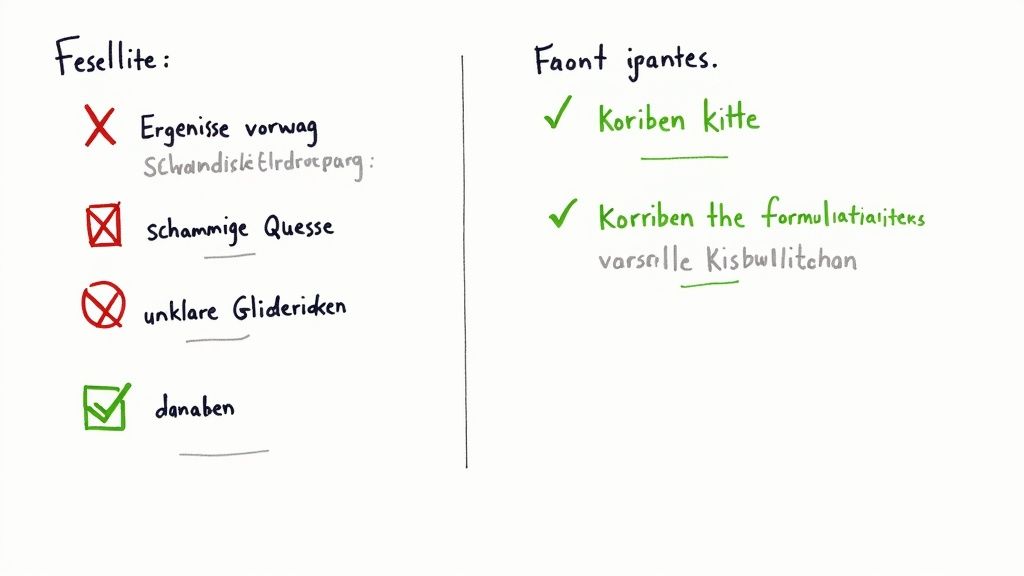 Eine Person blickt nachdenklich auf ein Dokument, umgeben von roten Korrekturmarkierungen.