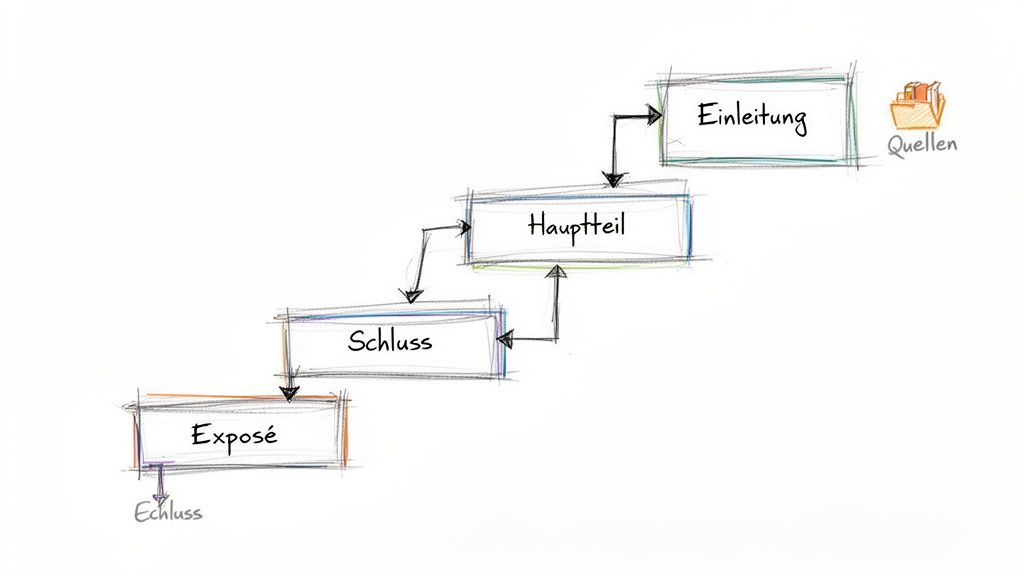 Ein Diagramm, das die Schritte zum Schreiben einer wissenschaftlichen Arbeit darstellt, einschließlich Einleitung, Hauptteil, Schluss, Exposé und Quellen.