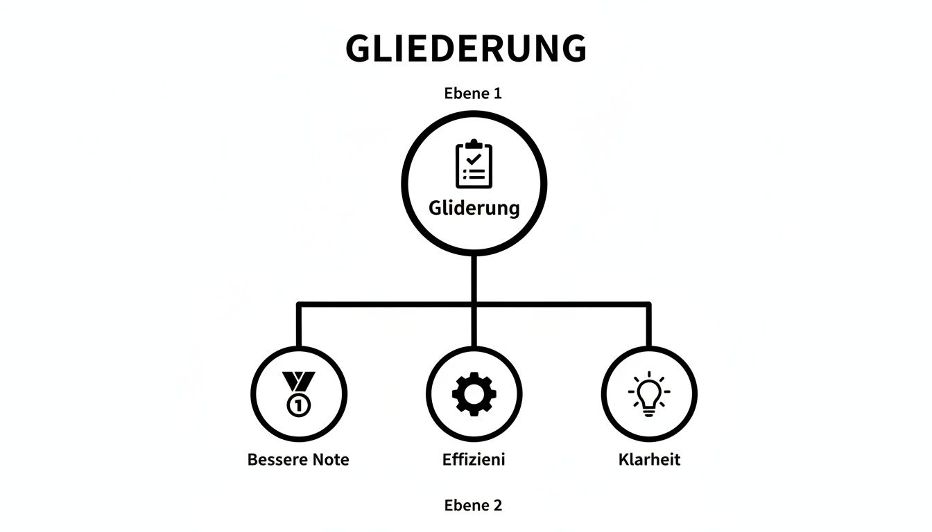 Ein Flussdiagramm zeigt die Vorteile einer Gliederung, wie bessere Noten, Effizienz und Klarheit einer wissenschaftlichen Arbeit.