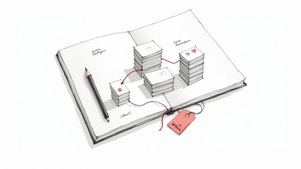 Ein offenes Notizbuch zeigt eine Gliederung mit Papierstapeln, roten Fäden, Herzen und Bleistift.