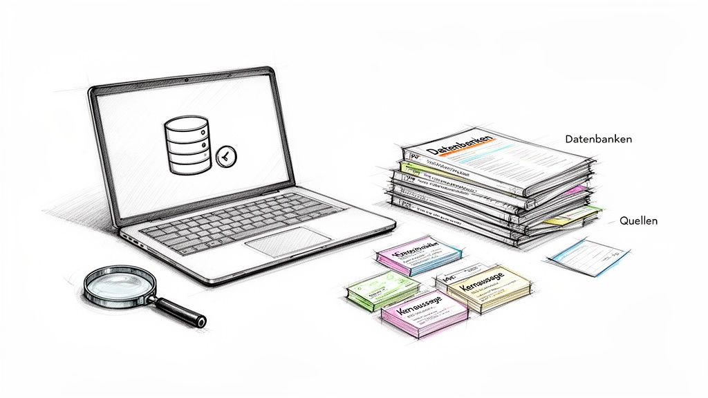 Illustration einer Forschungsarbeit mit Laptop, Datenbanken, Quellen, Lupe und Kernaussagen-Karten.