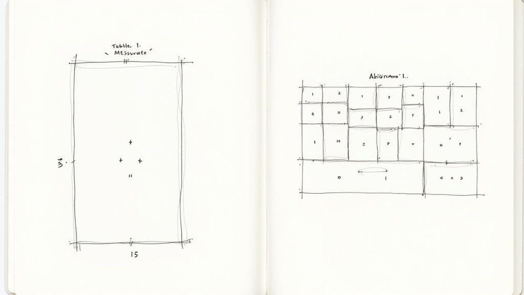 Zwei handgezeichnete Skizzen auf weißem Papier: eine rechteckige Tabelle mit Maßen und ein komplexes Gitterdiagramm.