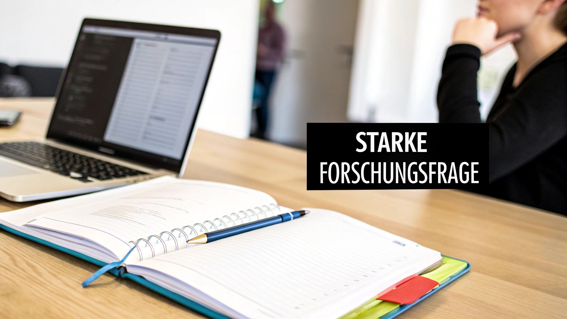 Ein Schreibtisch mit Laptop, offenem Notizbuch und Stift, dazu der Text 