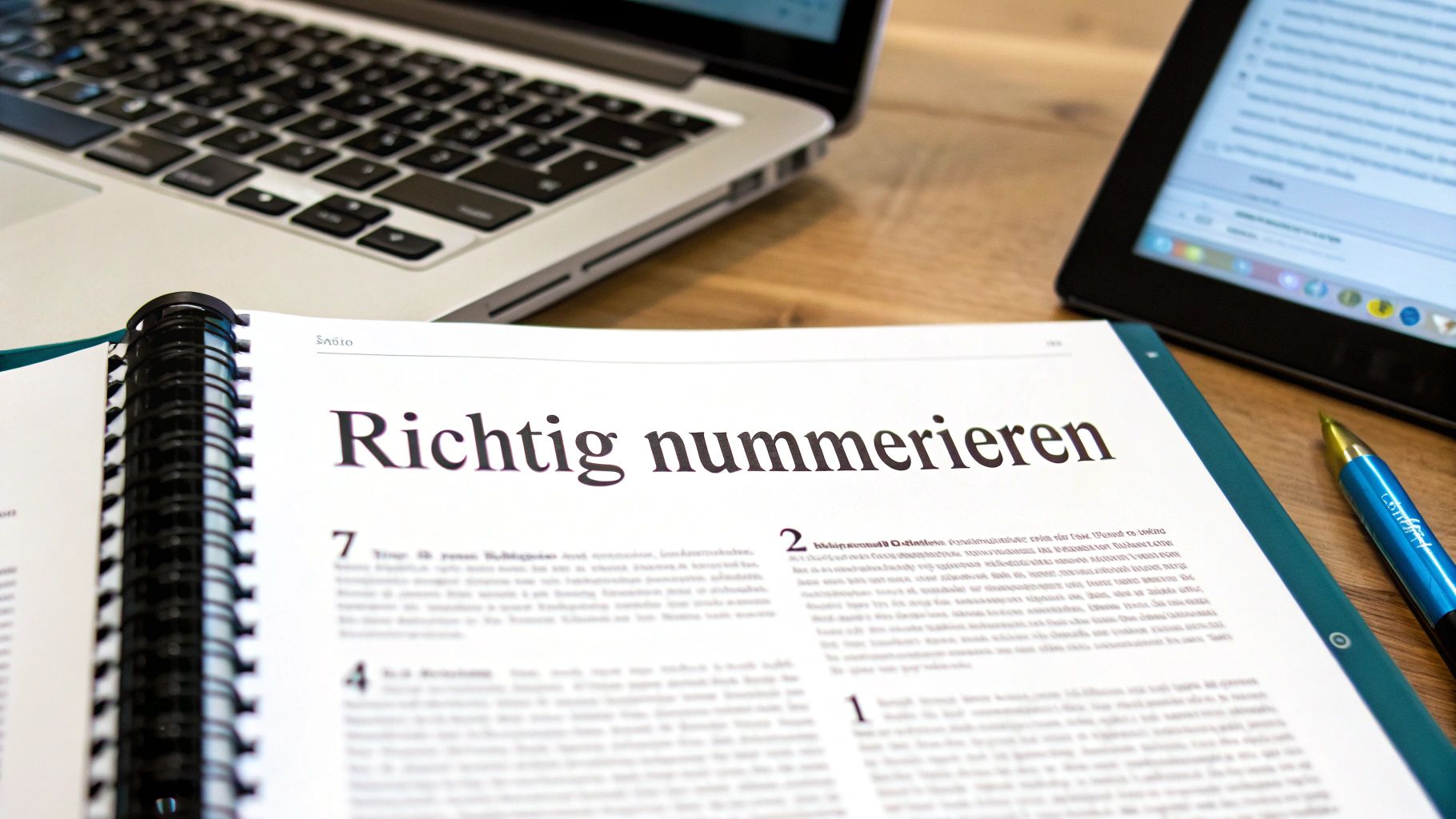 Ein offenes Notizbuch mit dem Titel 'Richtig nummerieren' auf einem Schreibtisch mit Laptop und Tablet.