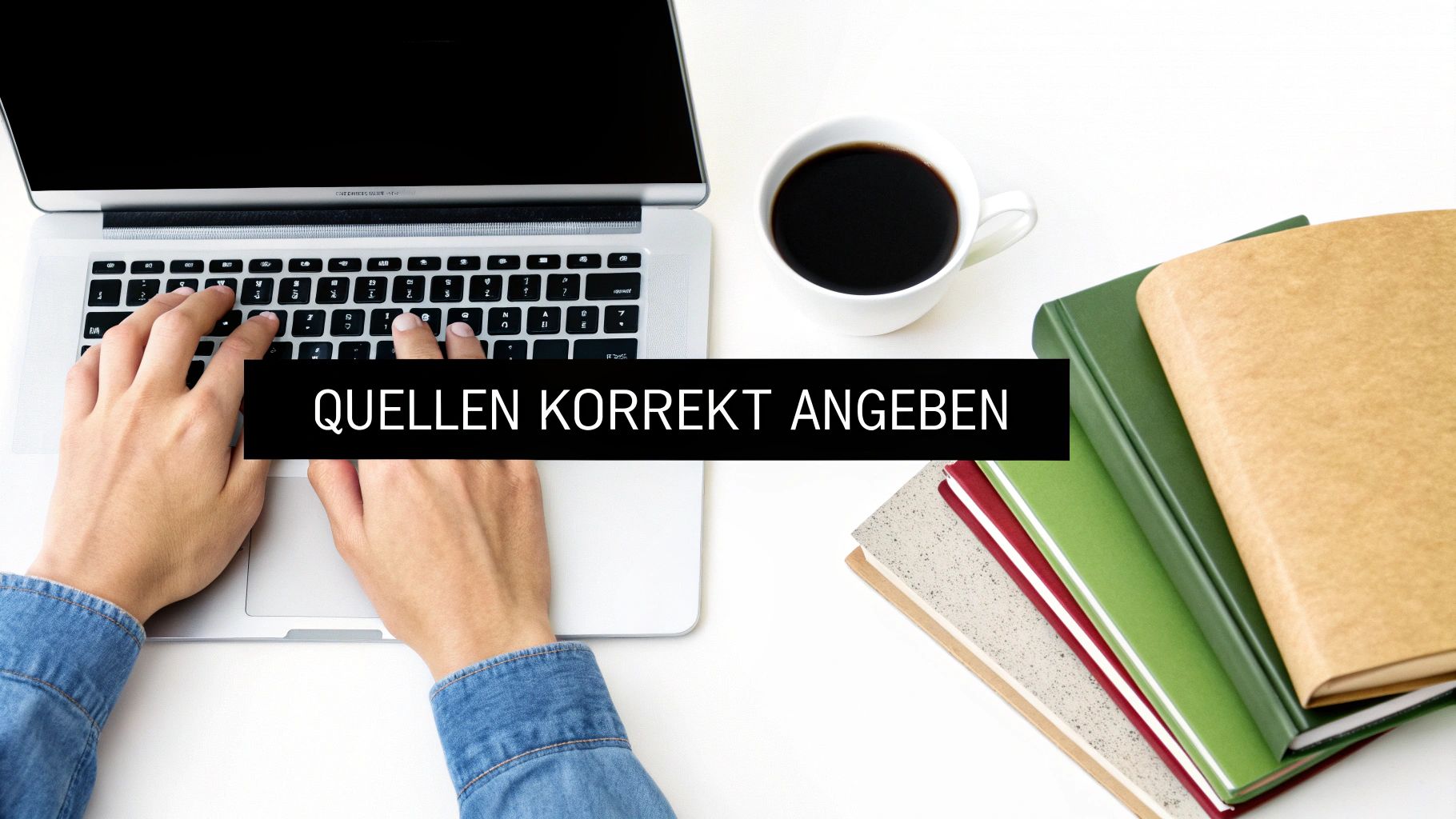 Ein Schreibtisch mit Laptop, Kaffeetasse und Bücherstapel von oben gesehen. Hände tippen, mit Text: Quellen korrekt angeben.