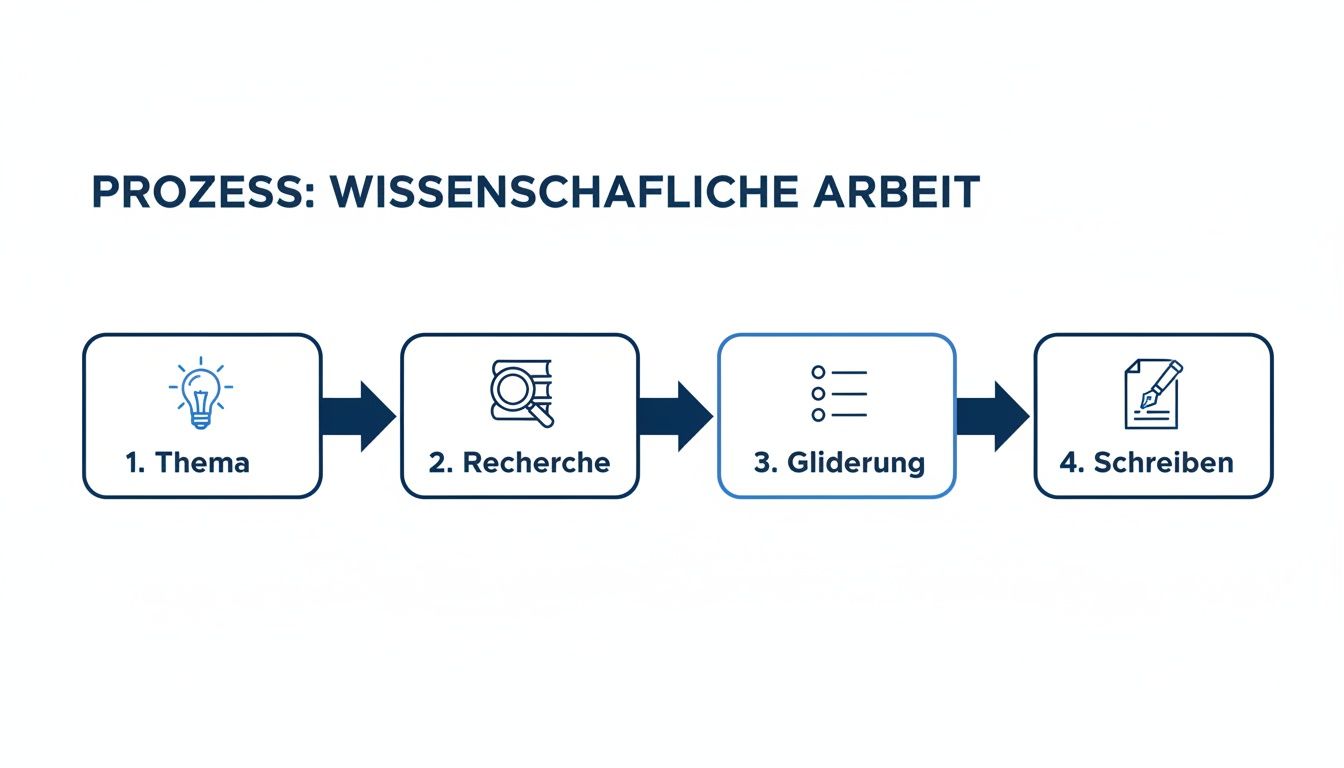 Ein Flussdiagramm illustriert den vierstufigen Prozess wissenschaftlicher Arbeit: Thema, Recherche, Gliederung und Schreiben.