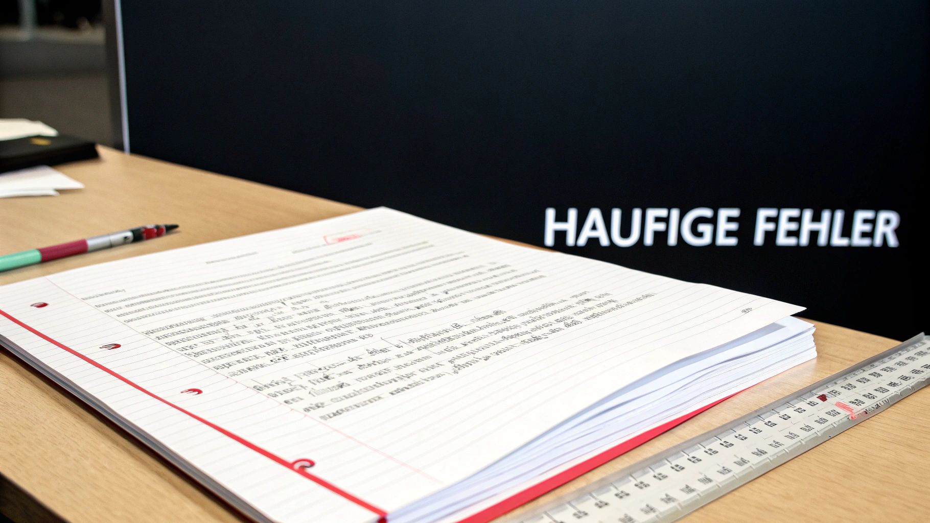 Schreibtisch mit Notizbuch, Stift und Lineal. Im Hintergrund ist der Text 'HÄUFIGE FEHLER' auf einem Bildschirm zu sehen.