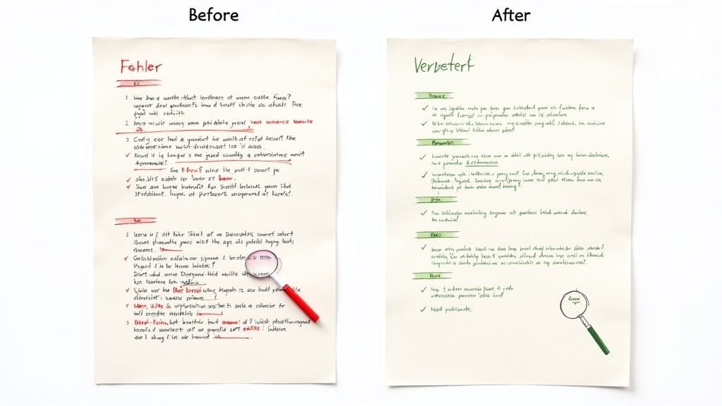 Eine Person überprüft ein Dokument mit einer Checkliste und einem roten Stift, was die sorgfältige Fehlerprüfung symbolisiert.