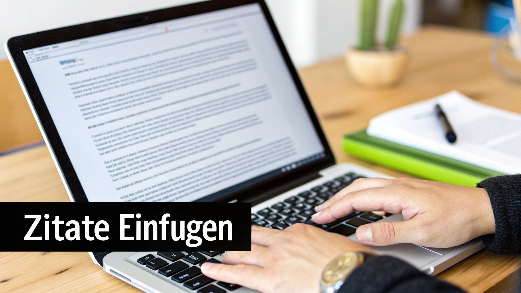 Person tippt auf einem Laptop, auf dem Bildschirm ist Text zu sehen, während die Worte 'Zitate Einfügen' eingeblendet sind.