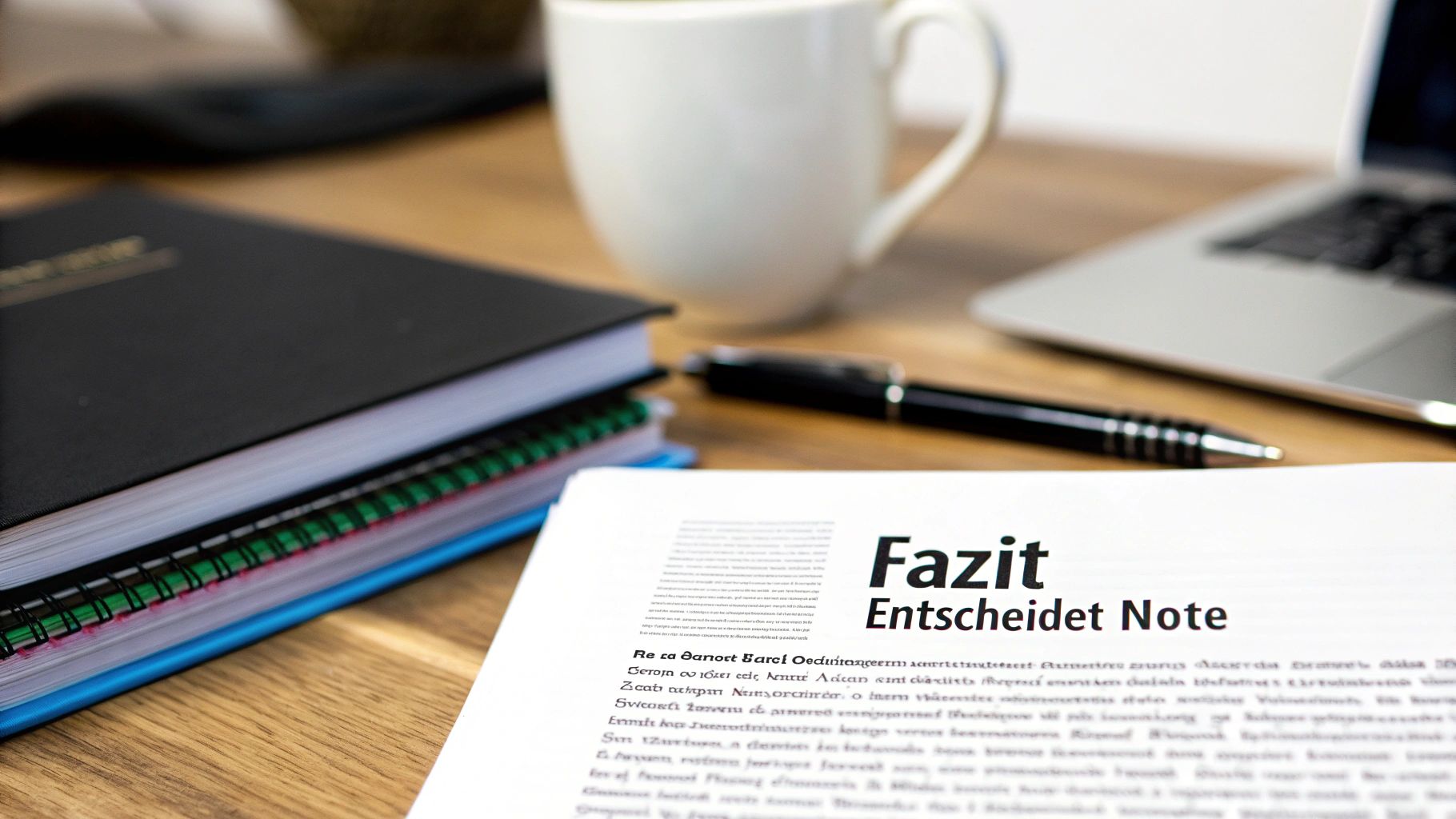 Ein Schreibtisch mit Notizbüchern, Stift, Tasse, Laptop und einem Dokument mit dem Titel 'Fazit Entscheidet Note'.