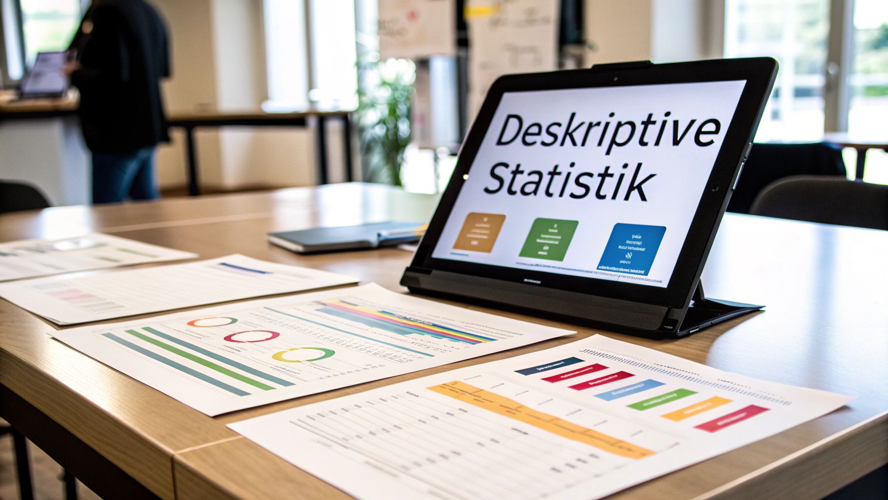 Tisch mit einem Tablet, das 'Deskriptive Statistik' zeigt, und ausgedruckten Diagrammen für Datenanalyse.