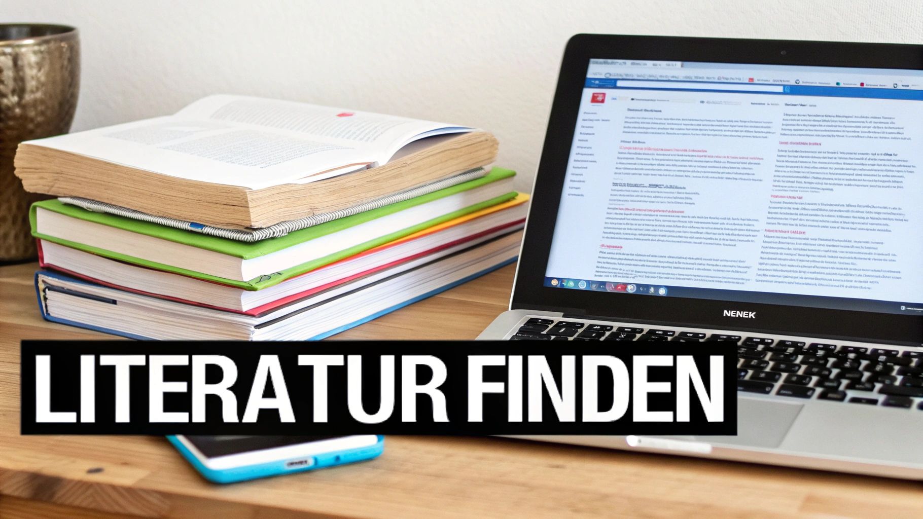 Nahaufnahme von Büchern, einem Laptop mit Text und einem Smartphone auf einem Holztisch, mit dem Schriftzug 'LITERATUR FINDEN'.