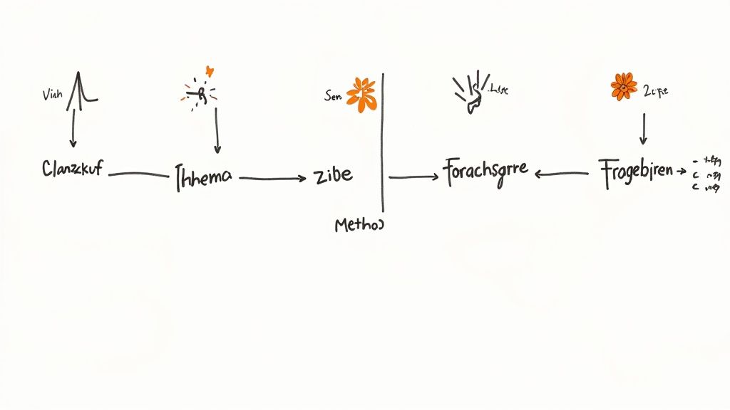 Eine Infografik, die den schrittweisen Aufbau einer Einleitung darstellt, von der Aufmerksamkeit bis zur Gliederung.