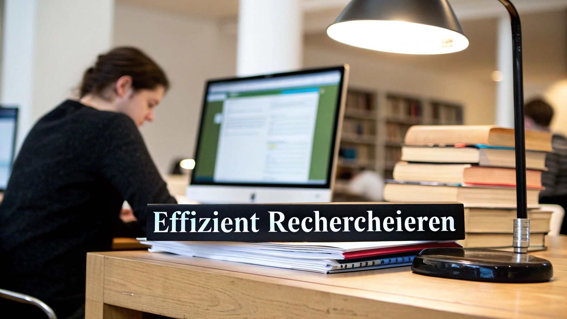 Eine Person recherchiert effizient an einem Computer in einer Bibliothek, umgeben von Büchern und einer Lampe.