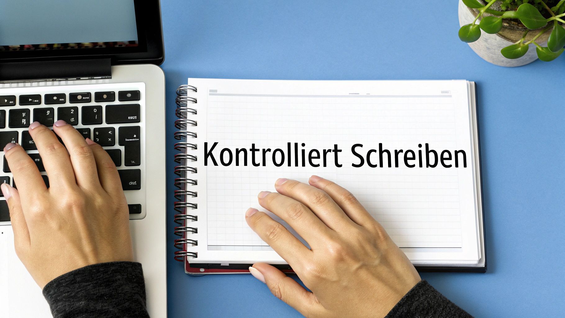 Hände tippen auf Laptop, daneben ein Notizbuch mit 'Kontrolliert Schreiben' und eine Zimmerpflanze.