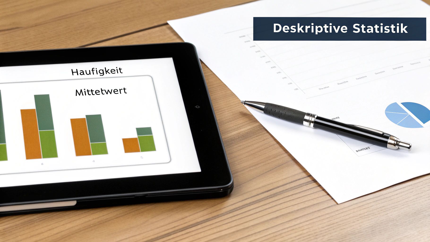 Tablet mit Balkendiagrammen und ein Dokument mit Kreisdiagramm und Stift auf einem Holztisch, betitelt mit 'Deskriptive Statistik'.