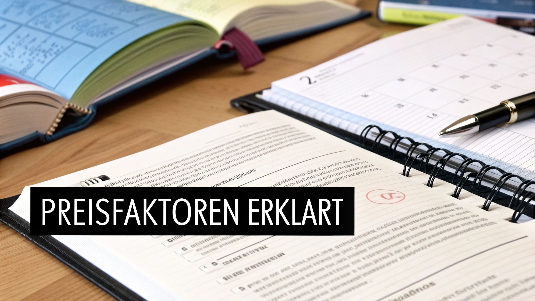 Bürotisch mit offenem Buch, Planer und Stift, dazu der Text 'PREISFAKTOREN ERKLÄRT'.