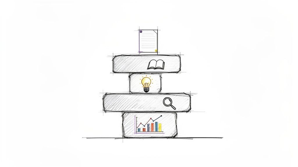 Skizzierter Stapel von Blöcken, der einen Prozess von Daten, Recherche, Ideen, Wissen und Dokumentation darstellt.