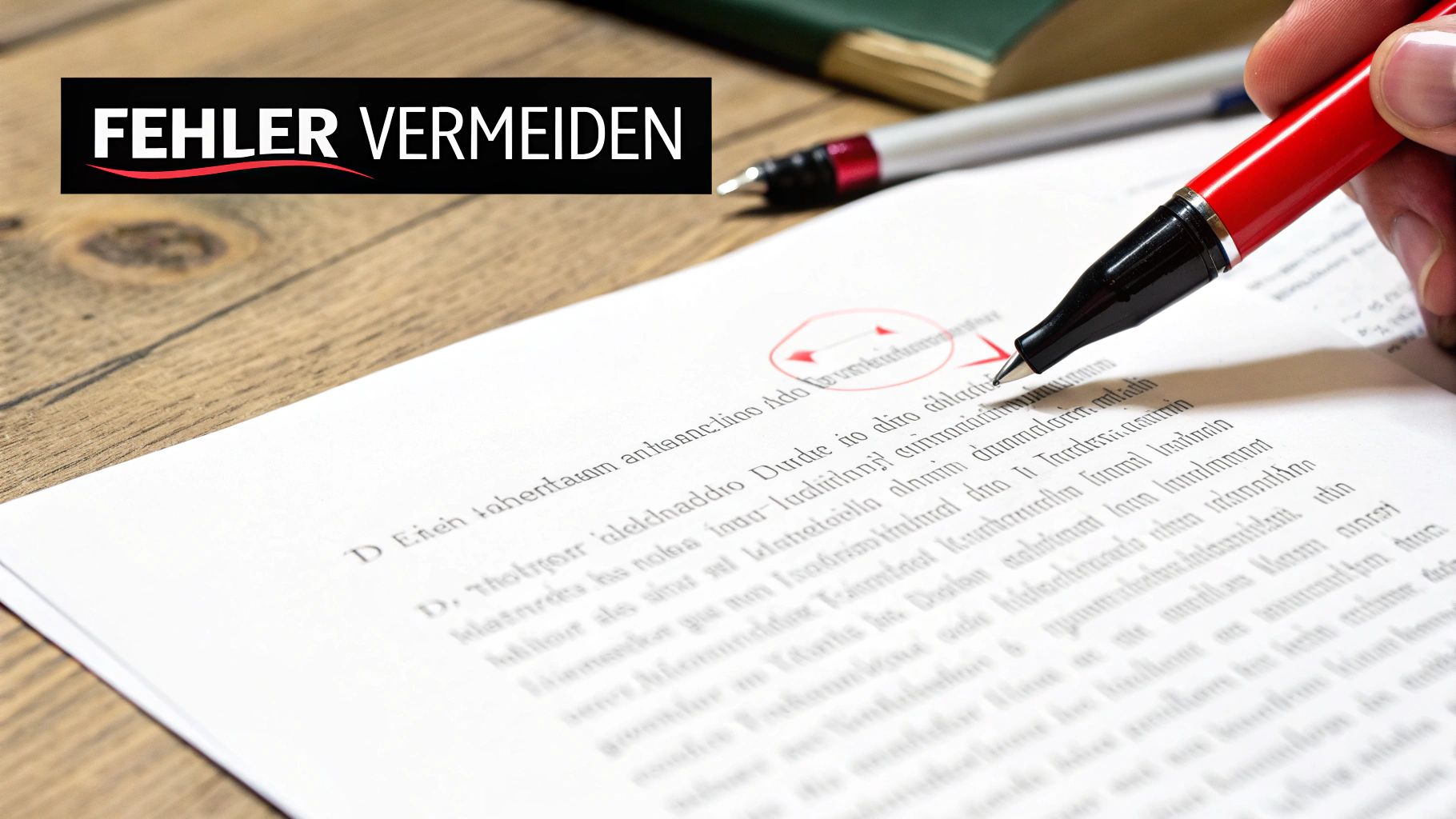 Eine Hand korrigiert ein Dokument mit einem roten Stift, mit dem Text 'FEHLER VERMEIDEN'.
