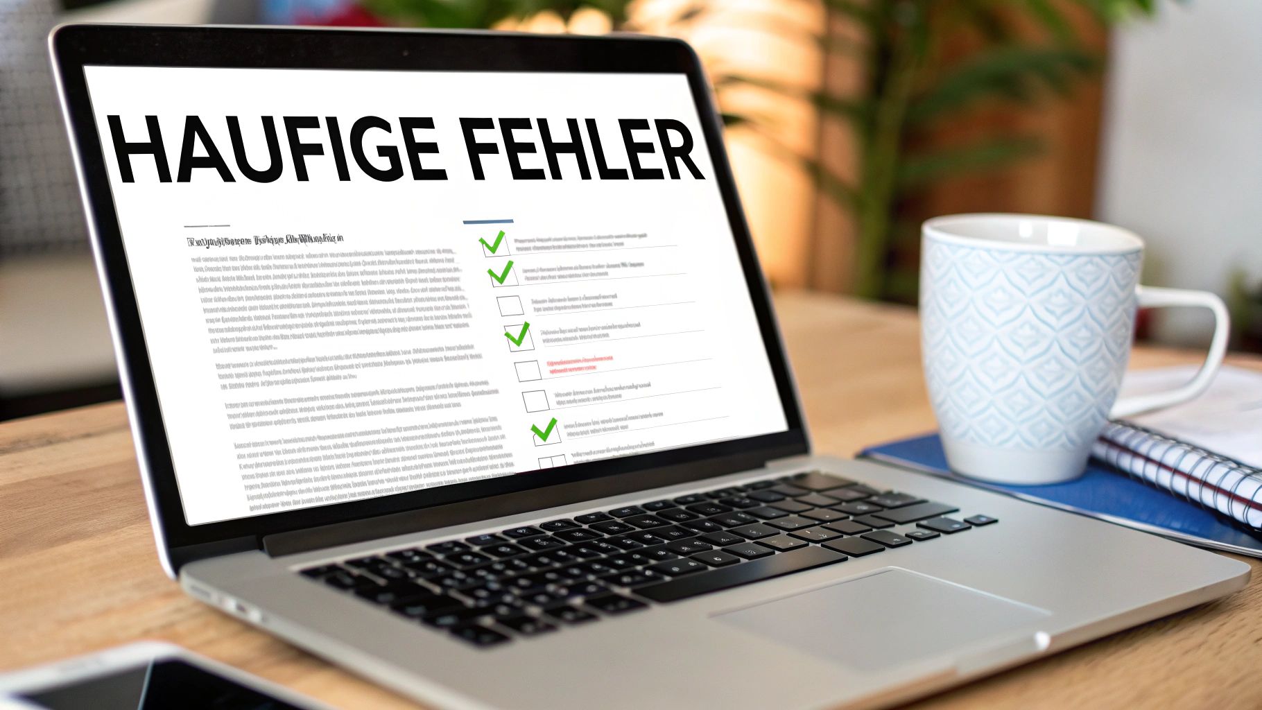 Laptop auf Schreibtisch zeigt eine digitale Checkliste mit der Überschrift 'HÄUFIGE FEHLER' und Haken.