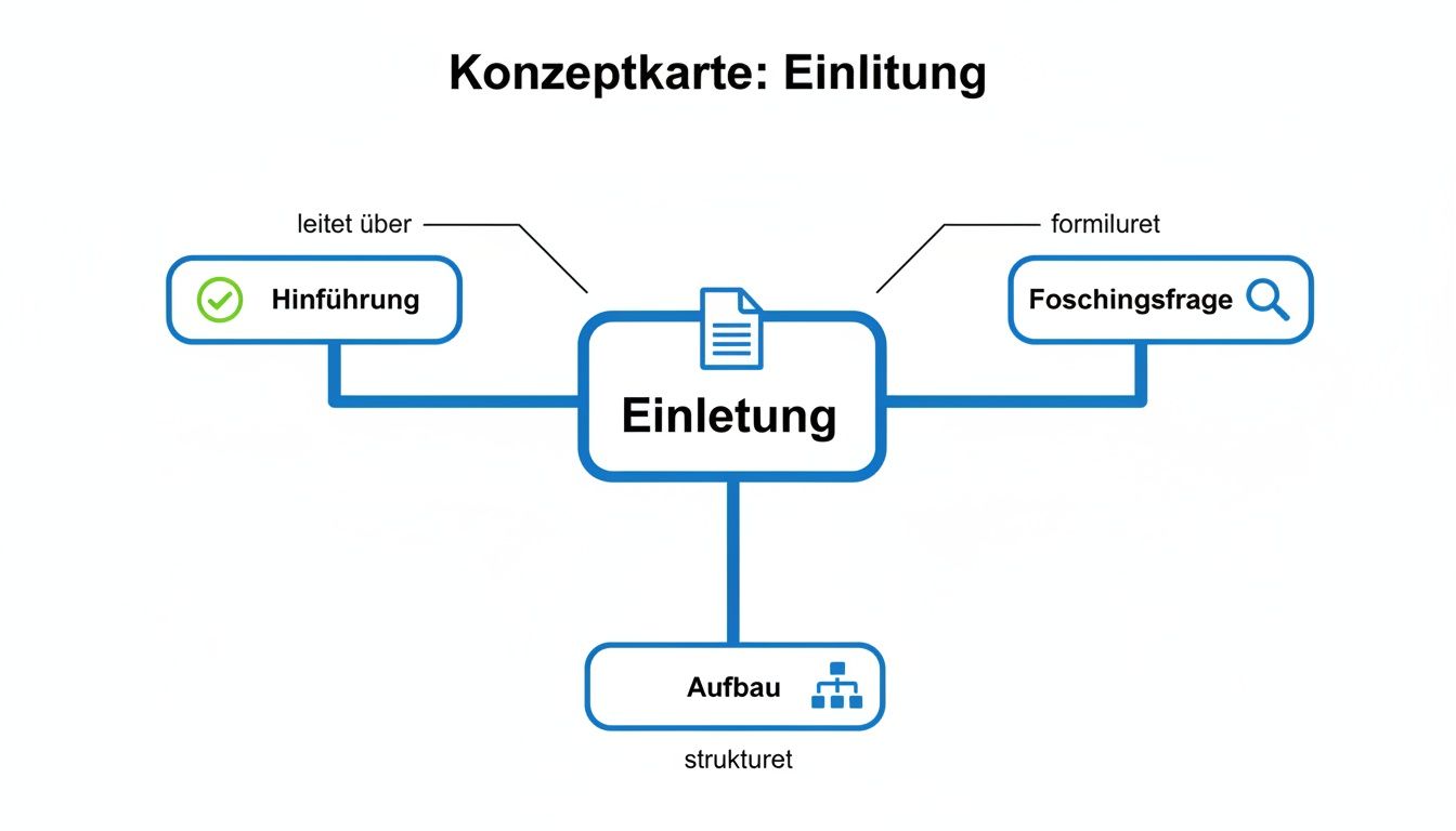 Konzeptkarte zur Einleitung, die Hinführung, Forschungsfrage und Aufbau visualisiert und deren Beziehungen darstellt.