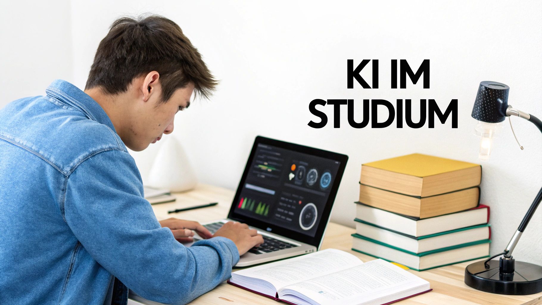 Junger Mann im Denim-Hemd lernt am Laptop an einem Schreibtisch mit Büchern und Lampe. Text 'KI IM STUDIUM' im Hintergrund.