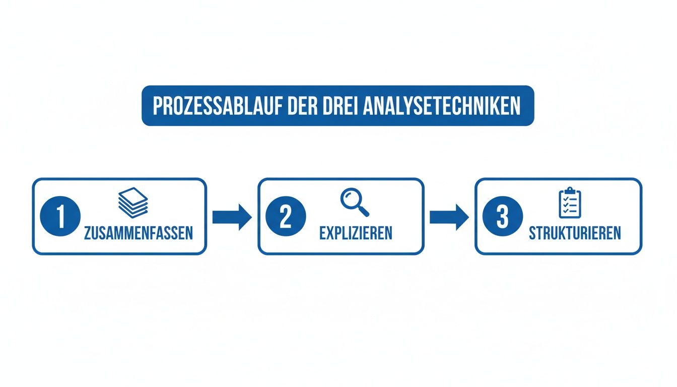 Prozessablauf der drei Analysetechniken: Zusammenfassen, Explizieren und Strukturieren in einer visuellen Darstellung.