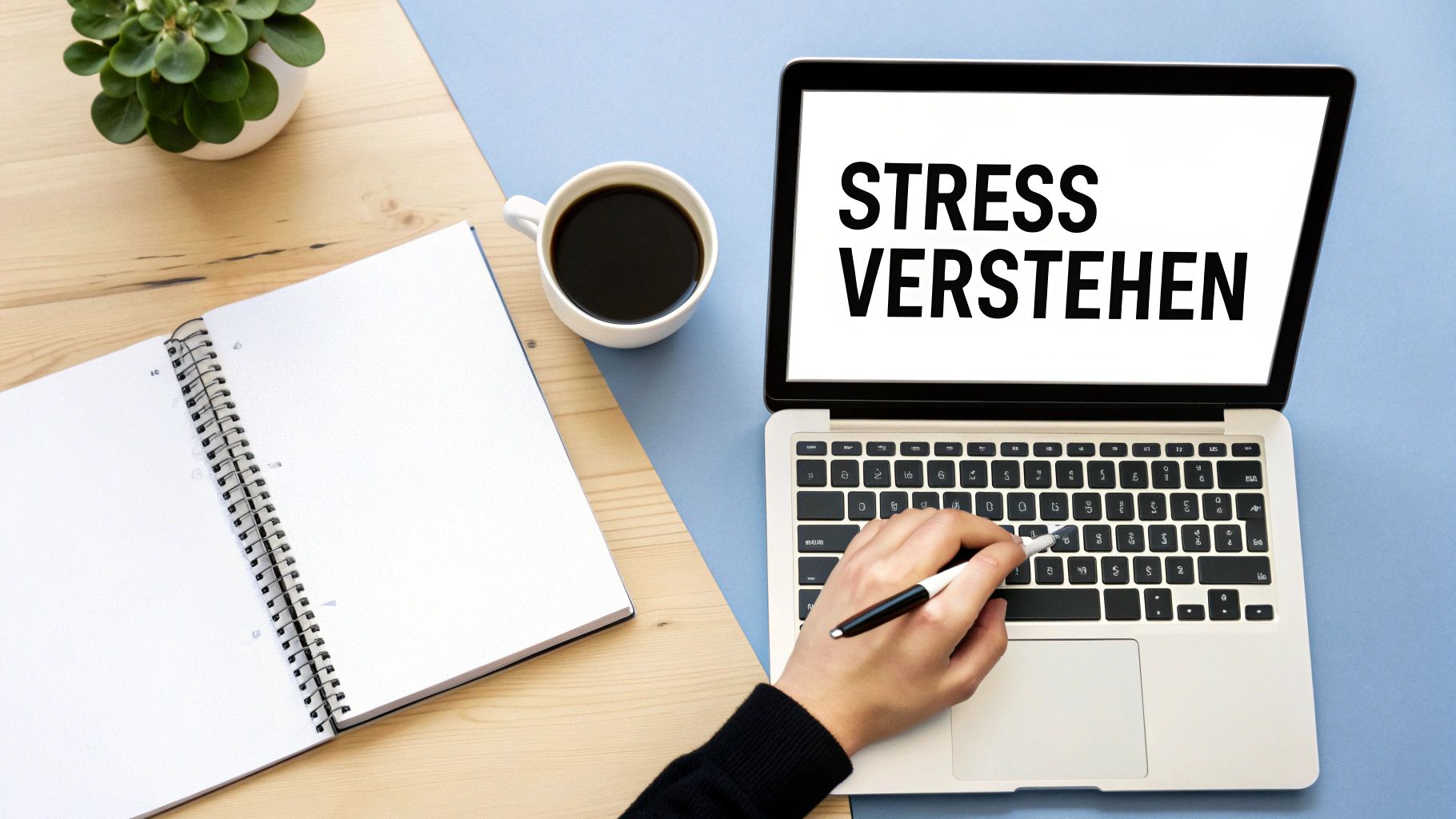 Arbeitsplatz-Ansicht von oben mit Laptop, Notizbuch, Kaffee und Pflanze. Auf dem Laptop-Bildschirm steht 'STRESS VERSTEHEN'.