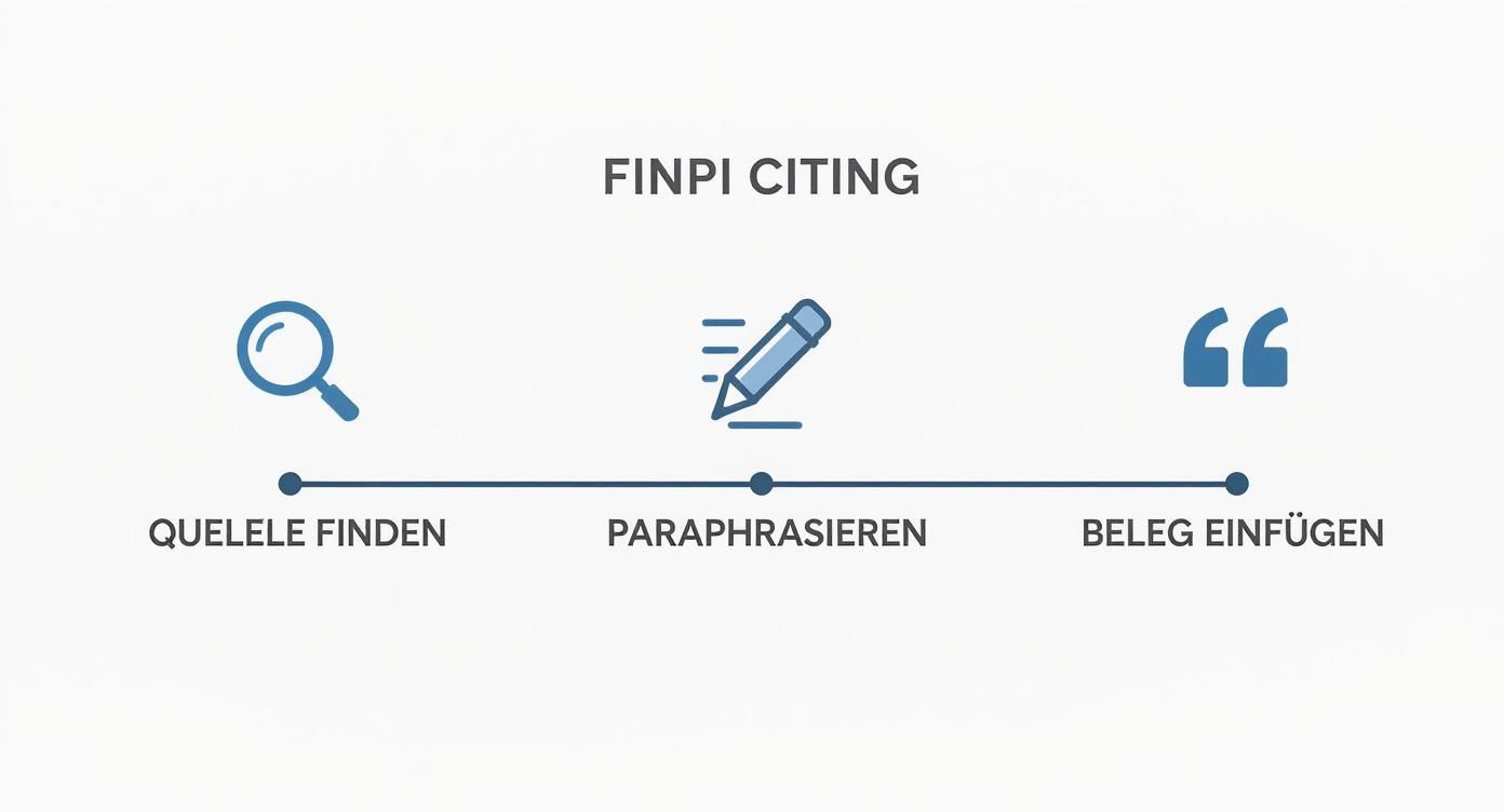 Grafik zum FINPI-Zitierprozess in drei Schritten: Quellen finden, paraphrasieren und Belege einfügen.