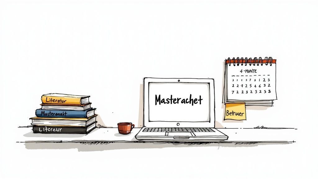 Ein Schreibtisch mit Laptop, Büchern (Literatur, Masterarbeit), Kaffeetasse und Kalender, ideal für Studenten.